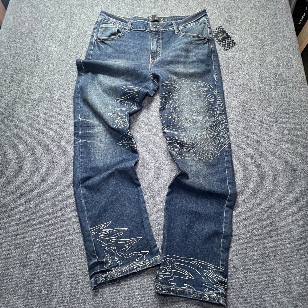 Rebel Vengeance Mens Skull Flame Embroidered Jeans Blue Denim Size 36 NEW